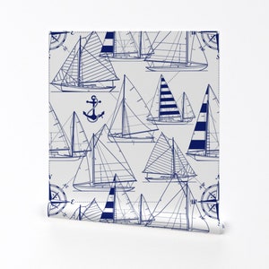 Sailboats Wallpaper - Sailboats - Navy On White By Mirabelleprint - Custom Printed Removable Self Adhesive Wallpaper Roll by Spoonflower