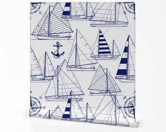 Sailboats Wallpaper - Sailboats - Navy On White By Mirabelleprint - Custom Printed Removable Self Adhesive Wallpaper Roll by Spoonflower