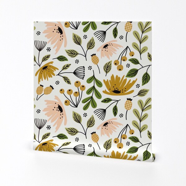 Floral Wallpaper- Ditsy Modern Floral By Kaileyhawthorn - Nursery Autumn Spring Peach Removable Self Adhesive Wallpaper Roll by Spoonflower
