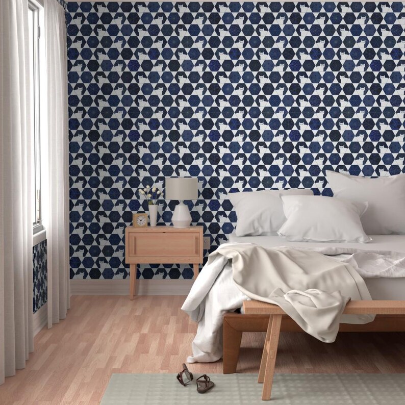 Cats Wallpaper - Sashiko Cats By Patricia Lima - Navy White Geometric Hexagon Kitten Removable Self Adhesive Wallpaper Roll by Spoonflower image 5