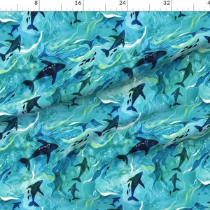 Whale Fabric Teeming Ocean By Adenaj Ocean Blue Green Aqua Underwater Animals Sea Life Water Cotton Fabric By The Yard With Spoonflower image 3