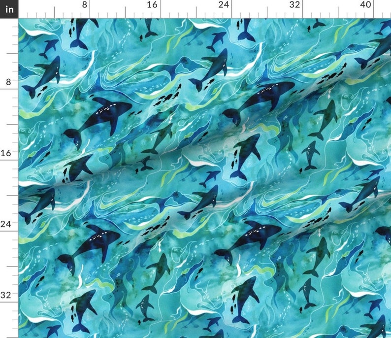 Whale Fabric Teeming Ocean By Adenaj Ocean Blue Green Aqua Underwater Animals Sea Life Water Cotton Fabric By The Yard With Spoonflower image 3