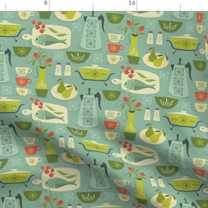 May include: A teal blue background with a repeating pattern of kitchenware, fish, pears, and vases. The pattern includes a blue teapot, a green casserole dish, a blue fish on a white plate, a green pear on a white plate, and a green vase with red flowers.