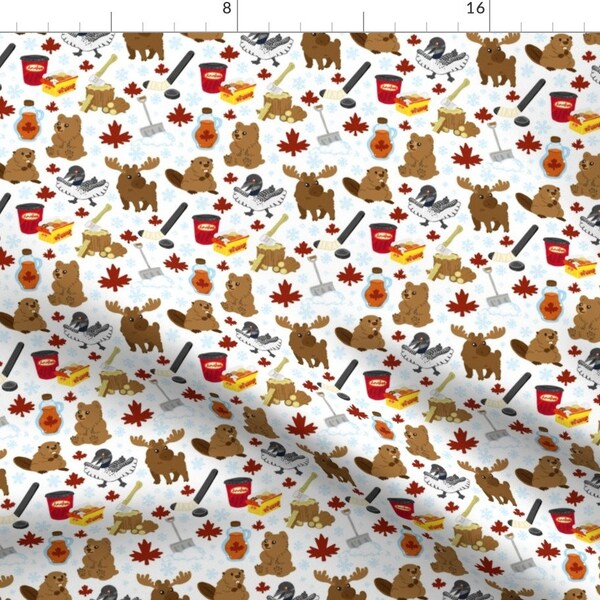 Canadia Fabric - Maple Leaf Bears Moose Cute Illustrated Canada Canadian Pride By Zynchilada - Cotton Fabric By The Yard With Spoonflower