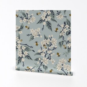 Floral Wallpaper - Flowers Honey Bees Large Blue By Fernlesliestudio - Custom Printed Removable Self Adhesive Wallpaper Roll by Spoonflower