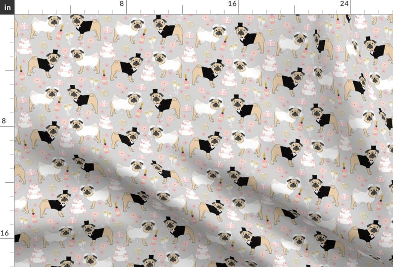 Pug Fabric - Pug Wedding Fabric - Cute Dogs Bride And Groom Design - Gray By Petfriendly - Pug Cotton Fabric By The Yard With Spoonflower image 1