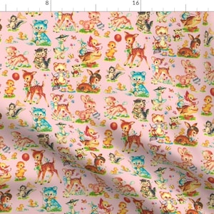 Retro Baby Animals Fabric - Pink Vintage Baby Animal By Parisbebe - Kitsch Baby Girl Nursery Cotton Fabric by the Yard with Spoonflower