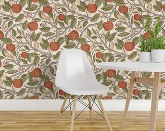 Red Apple Orchard Peel and Stick Wallpaper - Vintage Fruit Birds Apple - Removable Wall Decor Art - Vintage Apple Orchard by ammiecreative