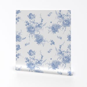 Cottagecore Removable Peel and Stick Wallpaper - Grandmillennial Roses Floral Blueberry - Wall Art Wall Decor - Faded Blue Roses by lilyoake