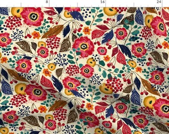 Botanical Fabric - Botanical Block Print By Sarah Treu - Floral Flower Leaves Berries Garden Mod Cotton Fabric By The Yard With Spoonflower