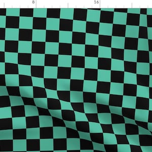 Checkerboard Fabric - Turquoise Plaid by atashi - Medium Scale Black Aqua Kimono Pattern Fabric by the Yard by Spoonflower