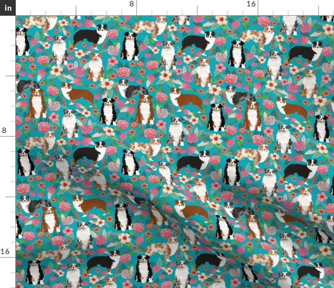 Floral Green Dog Fabric - Australian Shepherd Aussie Vintage Flowers Turquoise By Petfriendly - Cotton Fabric By The Yard With Spoonflower