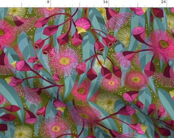 Australian Floral Fabric - Eucalyptus Bloom  by hnldesigns - Eucalyptus Flowers Eucalyptus Leaves Fuschia Fabric by the Yard by Spoonflower