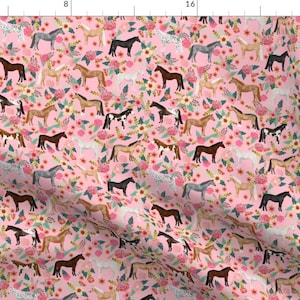 Horse Fabric - Horse Floral By Petfriendly - Pink Farm Rustic Animal Cute Country Girls Flowers Cotton Fabric By The Yard With Spoonflower