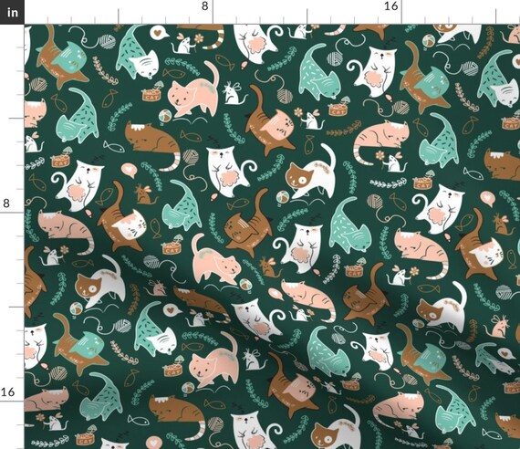 Green Cats Animation Fabric Limited Color Cats by Irma | Etsy