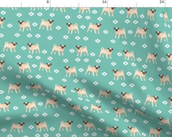Pug Fabric - Pug Dog Breed Watercolor Pet Dog Lover Gift Turquoise By Charlottewinter - Cute Pug Cotton Fabric by the Yard with Spoonflower