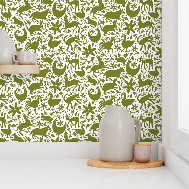 Otomi Wallpaper Mexico Springtime Olive on White Large by - Etsy