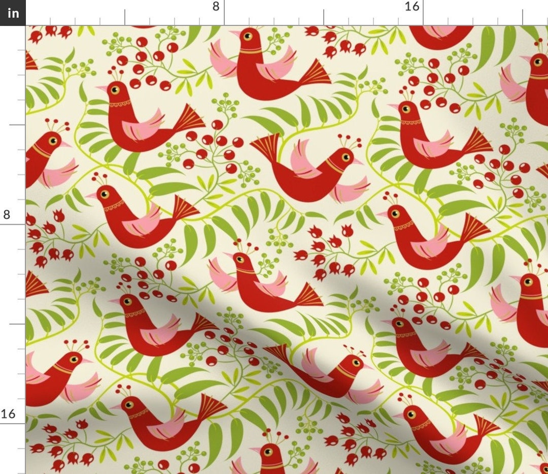 Red Birds Fabric Birds Berries and Blooms Holiday by Etsy