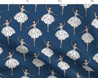 May include: A seamless pattern featuring white ballerinas with black hair and white tutus on a dark blue background.