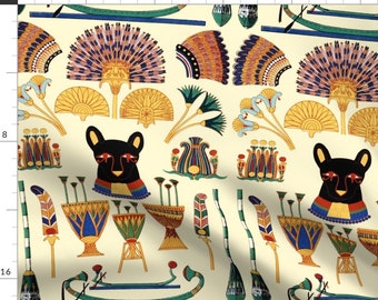 Cat Fabric- Black Cat Goddesses Palm Trees Boats Papyrus Plants By Ravene- Ancient Egyptian Cat Cotton Fabric By The Yard With Spoonflower