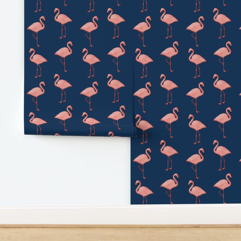 Flamingo Wallpaper - Flamingos On Navy By Willowlanetextiles - Flamingo Custom Printed Removable Self Adhesive Wallpaper Roll by Spoonflower image 4
