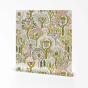 Treehouse Removable Peel and Stick Wallpaper - Acacia Houses Forest Woods  - Wall Art Wall Decor - Acacia (pink And Green) by amy_maccready