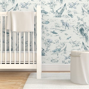 Adventure Toile Wallpaper - Adventure Toile by pattern_state - Dinosaur Blue Cream Removable Peel and Stick Wallpaper by Spoonflower