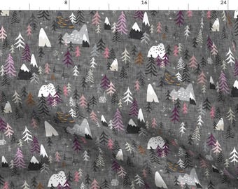 Mountain Adventure Fabric - Forest Peaks (Charcoal + Plum) By Nouveau Bohemian - Mountain Forest Cotton Fabric By The Yard With Spoonflower