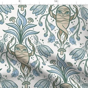 May include: A whimsical pattern featuring stylized illustrations of dancing root vegetables with faces, blue butterflies, and green leaves on a white background.