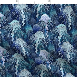 Jellyfish Fabric - Jellyfish In Deep Blue By Pearlposition - Animals Of The Ocean Sea Life Modern Cotton Fabric By The Yard With Spoonflower