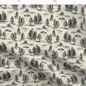 May include: A black and white illustration of a forest with trees, tents, and flying saucers. The background is a light beige color.