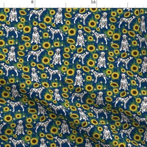 Dalmatian Fabric - Dalmatian Sunflower And Florals Cute Dog Design Navy By Petfriendly - Floral Cotton Fabric By The Yard With Spoonflower