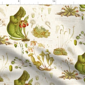 Peut inclure: Tissu avec une illustration botanique de plantes carnivores. Le motif présente des dessins détaillés de plantes carnivores, de droséras et d'autres espèces en vert, jaune et rouge, sur fond crème. Comprend des étiquettes scientifiques.