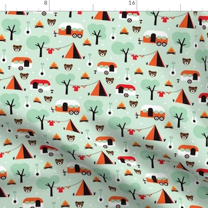 Camper Fabric - Retro Camping by LittleSmileMakers -Mint Orange Woodland Camping Vacation Teepee Cotton Fabric by the Yard with Spoonflower