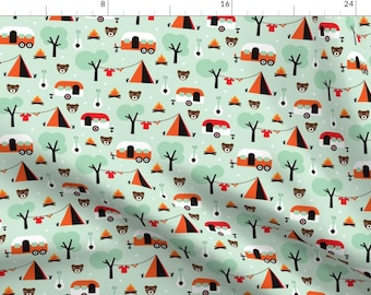 Camper Fabric - Retro Camping by LittleSmileMakers -Mint Orange Woodland Camping Vacation Teepee Cotton Fabric by the Yard with Spoonflower