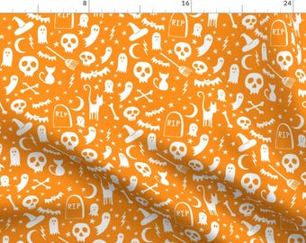 Graveyard Fabric - Spooky Halloween Orange By Jaymehennel - Halloween Ghost Bat Skull Witch Cat Cotton Fabric By The Yard With Spoonflower