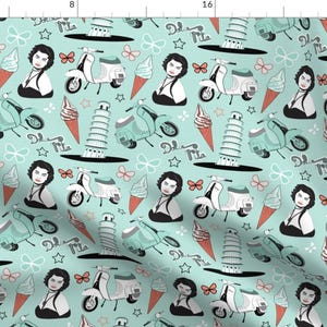 Italy Fabric - Dolce Vita By Vannina- Italian Leaning Tower Scooter Gelato Mint Blue World Travel Cotton Fabric By The Yard With Spoonflower