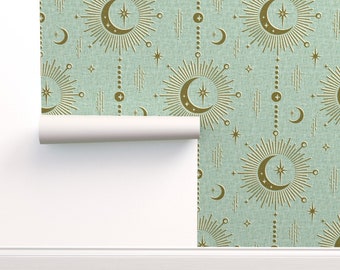 Stars Wallpaper - Celestial Talismans By Studioxtine - Mint Green Starburst Sun Moon Removable Self Adhesive Wallpaper Roll by Spoonflower