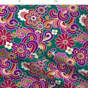 Vintage Floral Fabric - Flower Power Jewel Tones By Mirabelleprint - Vintage 1970s Floral Green Cotton Fabric By The Yard With Spoonflower
