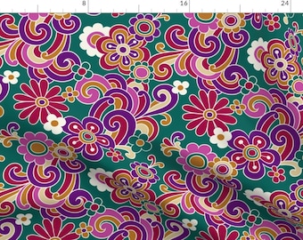 Vintage Floral Fabric - Flower Power Jewel Tones By Mirabelleprint - Vintage 1970s Floral Green Cotton Fabric By The Yard With Spoonflower