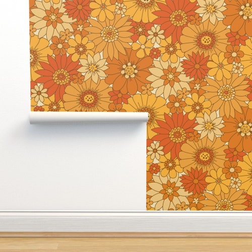 Pink 70s Floral Wallpaper Flower Power By Anne leue Retro Etsy