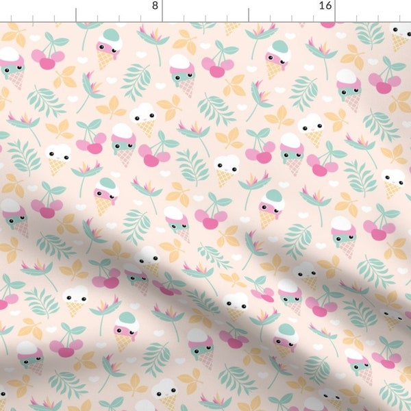 Kawaii Ice Cream Fabric - Cute Ice Cream Flowers And Cherry Blossom Girls By Littlesmilemakers - Cotton Fabric By The Yard With Spoonflower