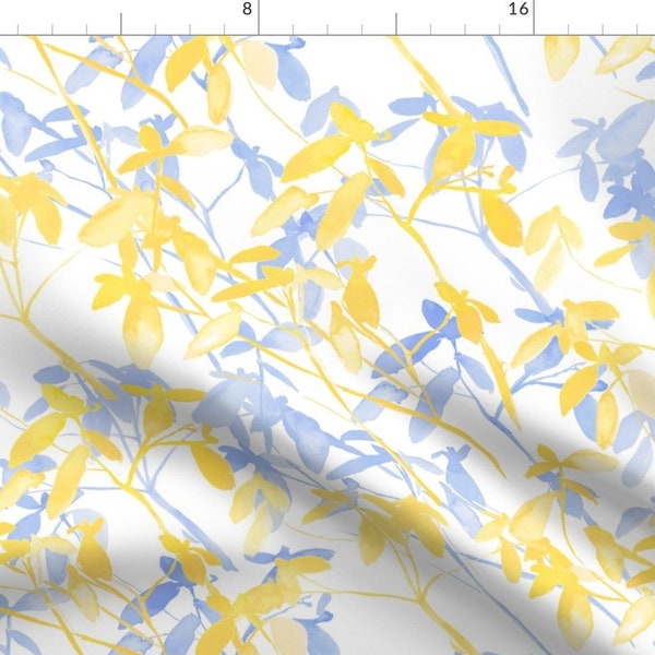 Yellow Blue Jungle Leaves Watercolor Fabric - Premonition Yellow Blue By Mjmstudio - Watercolor Cotton Fabric By The Yard With Spoonflower