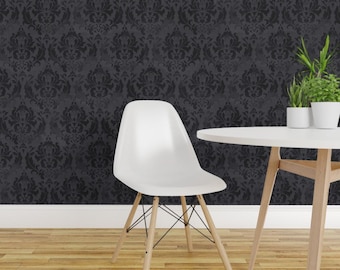 Gothic Damask Peel and Stick Wallpaper - Moody Victorian Gray Black Distressed  - Removable Wall Decor Art - Damask Noir by whatever-works