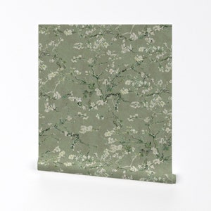 Van Gogh Floral Wallpaper - Almond Blossom in Sage Green By Delinda Graphic Studio - Removable Self Adhesive Wallpaper Roll by Spoonflower