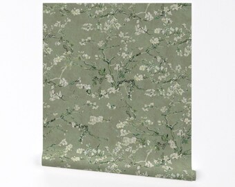 Van Gogh Floral Wallpaper - Almond Blossom in Sage Green By Delinda Graphic Studio - Removable Self Adhesive Wallpaper Roll by Spoonflower