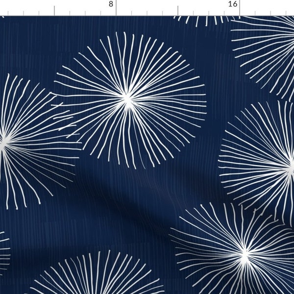 Mid Century Modern Fabric - Dandelions Navy White By Friztin - Retro Starbursts MCM Trending 50s Cotton Fabric By The Yard With Spoonflower