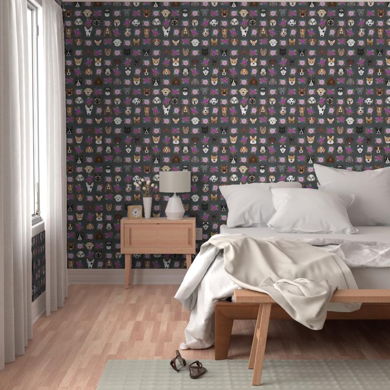 Pets Wallpaper - Dog Cat Floral Pet Lover Purple Gray By Petfriendly - Custom Printed Removable Self Adhesive Wallpaper Roll by Spoonflower image 5