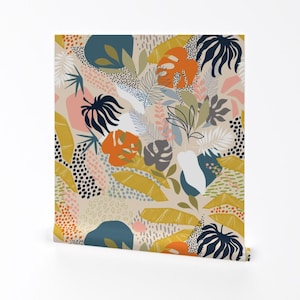 Abstract Jungle Removable Peel and Stick Wallpaper - Retro Boho Bohemian - Wall Art Wall Decor - Tropical Foliage  by dominique_vari