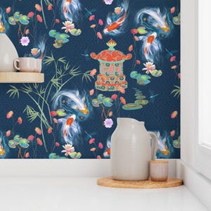 Japanese Wallpaper - Japanese Water Garden Navy By Designed By Debby - Custom Printed Removable Self Adhesive Wallpaper Roll by Spoonflower image 7